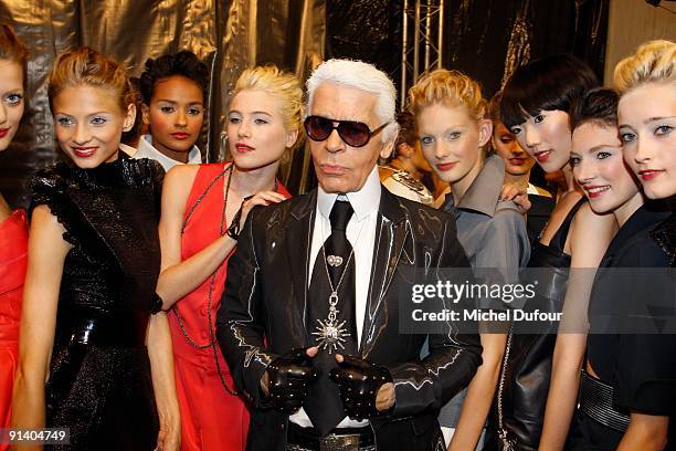 Karl Lagerfeld with models during his Pret a Porter show as part of the Paris Womenswear Fashion Week Spring/Summer 2010 Jardin des Tuileries on...