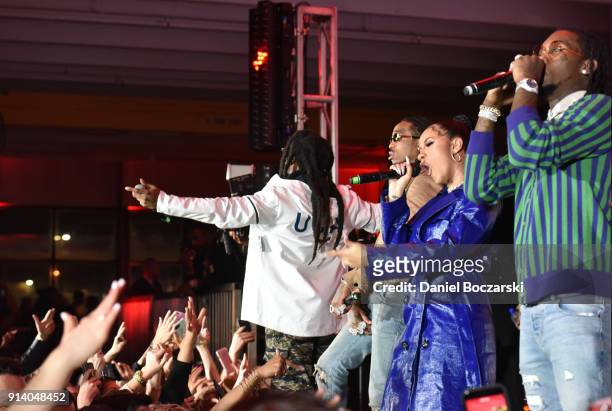 Rapper Cardi B and Migos perform for fans and guests during the 2018 Maxim Party co-sponsored by blu February 3, 2018 in Minneapolis, Minnesota.