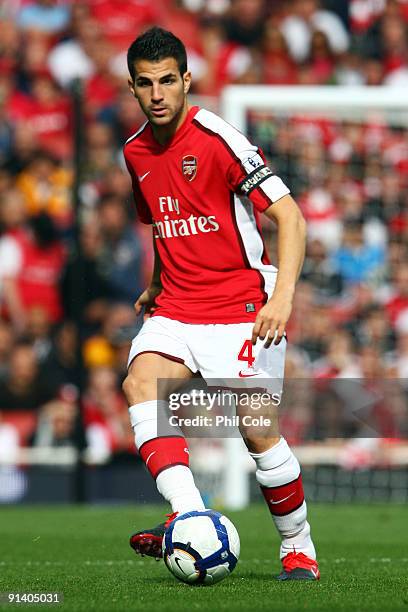 Cesc Fabregas of Arsenal passes the ball during the Barclays Premier League match between Arsenal and Blackburn Rovers at Emirates Stadium on October...