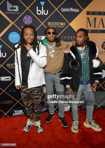 Takeoff, Quavo and Offset of the hip-hop trio Migos attend the 2018 Maxim Party co-sponsored by blu February 3, 2018 in Minneapolis, Minnesota.