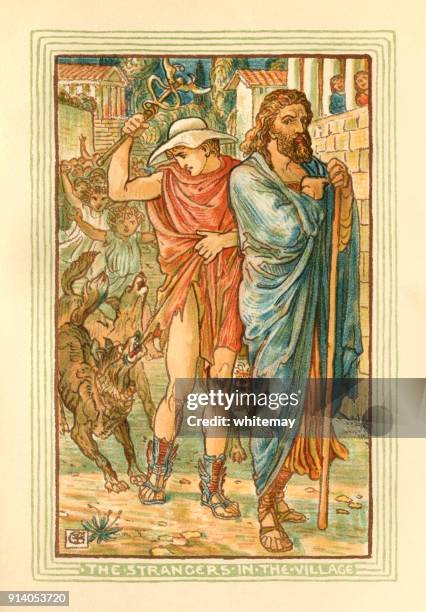 the strangers in the village - greek mythology - hermes greek god stock illustrations