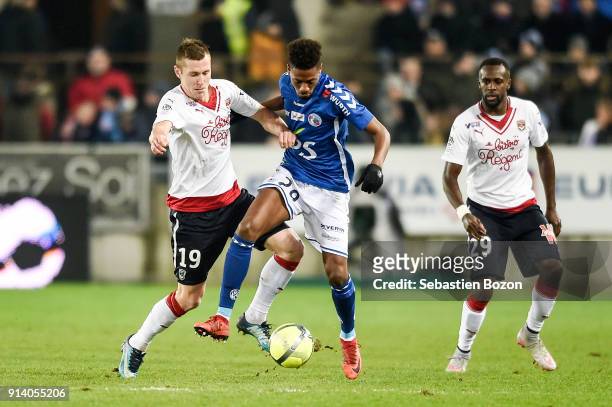 Lukas Lerager of Bordeaux and Nuno Da Costa of Srasbourg during the Ligue 1 match between Strasbourg and Bordeaux at on February 3, 2018 in...