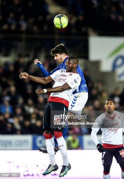 Martin Terrier of Srasbourg and Younousse Sankhare of Bordeaux during the Ligue 1 match between Strasbourg and Bordeaux at on February 3, 2018 in...