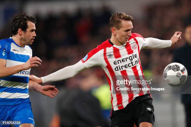 Dirk Marcellis of PEC Zwolle, Luuk de Jong of PSV during the Dutch Eredivisie match between PSV v PEC Zwolle at the Philips Stadium on February 3,...