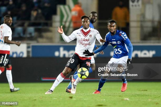 Soualiho Meite of Bordeaux and Jean Eudes Aholou of Strasbourg during the Ligue 1 match between Strasbourg and Bordeaux at on February 3, 2018 in...