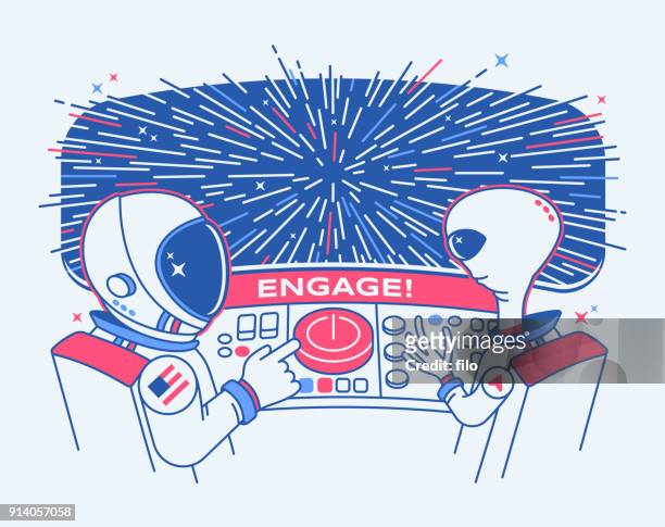 illustrazioni stock, clip art, cartoni animati e icone di tendenza di viaggio nello spazio astronauta veicolo spaziale alieno warping - equipaggio