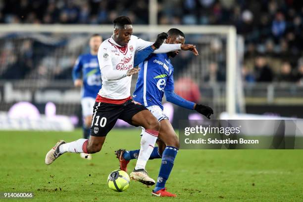 Soualiho Meite of Bordeaux and Jean Eudes Aholou of Strasbourg during the Ligue 1 match between Strasbourg and Bordeaux at on February 3, 2018 in...