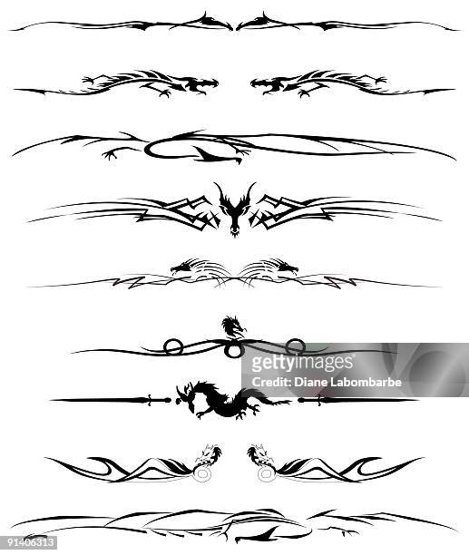 set of nine tribal tattoo ink style dragon dividers - white dragon tattoo stock illustrations