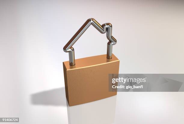 3d graphic of house shaped padlock - house closing stock pictures, royalty-free photos & images