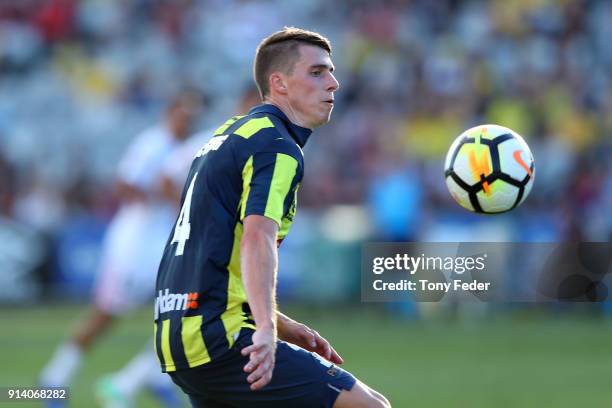 Jake McGing of the Mariners controls the ball during the round 19 A-League match between the Central Coast Mariners and the Western Sydney Wanderers...