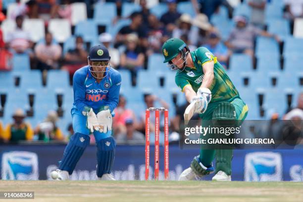 South African batsman Chris Morris plays a shot during the second One Day International cricket match between South Africa and India at Centurion...