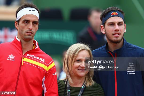 Cameron Norrie of Great Britain and Albert Ramos-Vinolas of Spain line up before their match during day three of the Davis Cup World Group first...