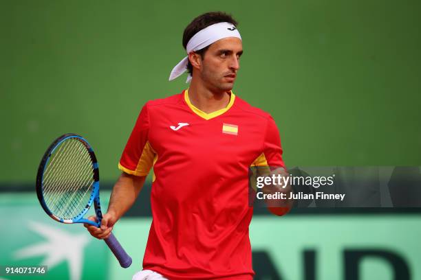 Albert Ramos-Vinolas of Spain breaks in the first game against Cameron Norrie of Great Britain during day three of the Davis Cup World Group first...