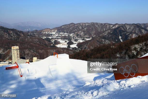 Preperations continue on the slopestyle course during previews ahead of the PyeongChang 2018 Winter Olympic Games at Phoenix Park on February 4, 2018...