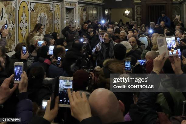 People sing traditional songs during the Candelora festival at Montevergine Sanctuary in Ospidaletto d'Alpinolo a little village in the south of...