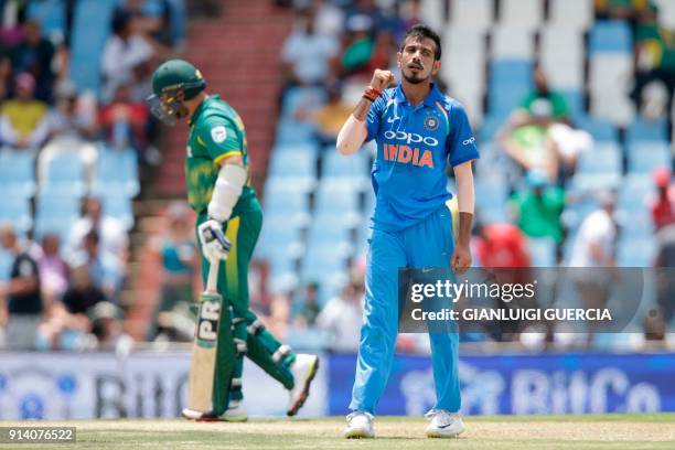 Indian bowler Yuzvendra Chahal celebrates the dismissal South African batsman Chris Morris during the second One Day International cricket match...