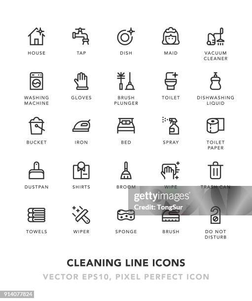cleaning line icons - washing up liquid stock illustrations