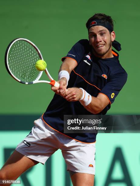 Cameron Norrie of Great Britain plays a backhand in his match against Albert Ramos-Vinolas of Spain during day three of the Davis Cup World Group...