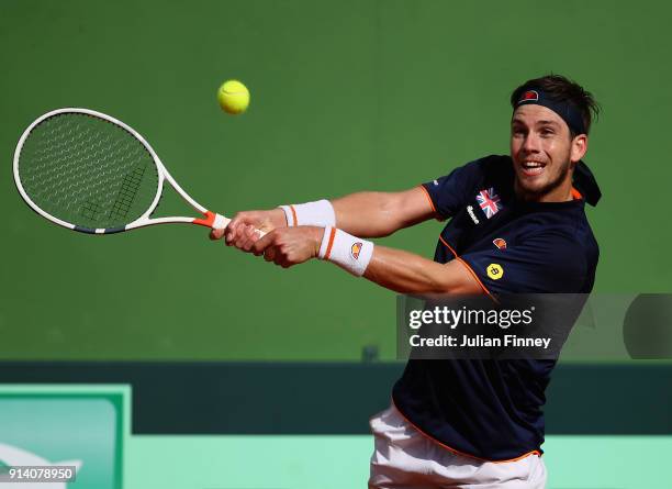 Cameron Norrie of Great Britain plays a backhand in his match against Albert Ramos-Vinolas of Spain during day three of the Davis Cup World Group...