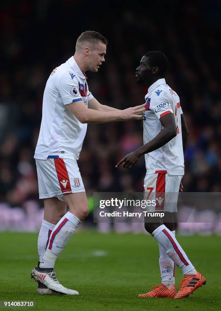 Ryan Shawcross of Stoke City attempts to calm down Badou Ndiaye of Stoke City during the Premier League match between AFC Bournemouth and Stoke City...