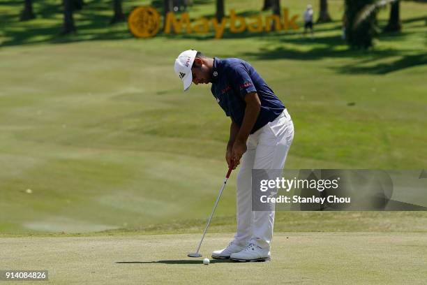 Shubhankar Sharma of India in action during day four of the Maybank Championship Malaysia at Saujana Golf and Country Club on February 4, 2018 in...