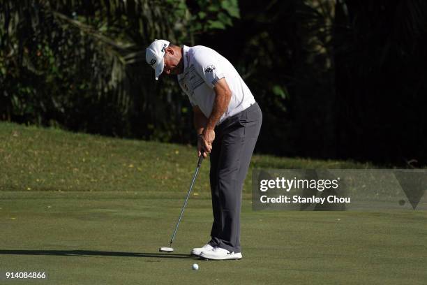 Lee Westwood of England in action during day four of the Maybank Championship Malaysia at Saujana Golf and Country Club on February 4, 2018 in Kuala...