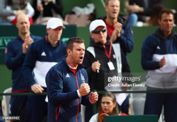 Captain Leon Smith suppurts Cameron Norrie of Great Britain in his match against Albert Ramos-Vinolas of Spain during day three of the Davis Cup...