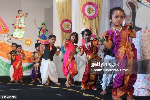 Students perform during an Annual day of Shri Maa School GB road Thane, on February 2, 2018 in Mumbai, India. Students performed folk dance, prayers,...