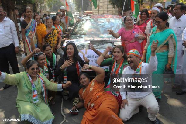 Thane Congress workers protest against rising prices of petrol and diesel at Thane, on February 2, 2018 in Mumbai, India. During the protest,...