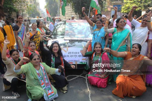 Thane Congress workers protest against rising prices of petrol and diesel at Thane, on February 2, 2018 in Mumbai, India. During the protest,...