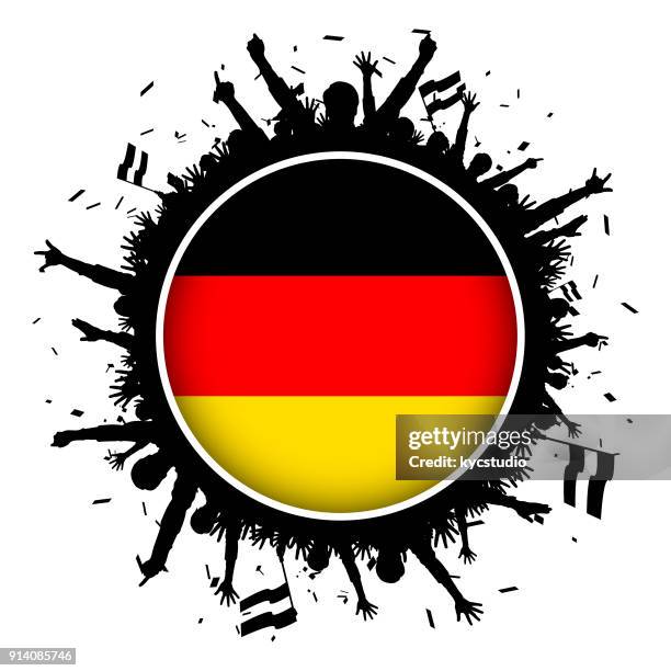 schaltfläche "deutsche" flagge mit fußballfans 2018 - deutschland fans stock-grafiken, -clipart, -cartoons und -symbole