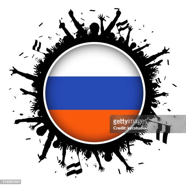 russia button flag with soccer fans 2018 - world cup russia stock illustrations