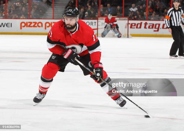 Nate Thompson of the Ottawa Senators skates against the Anaheim Ducks at Canadian Tire Centre on February 1, 2018 in Ottawa, Ontario, Canada.