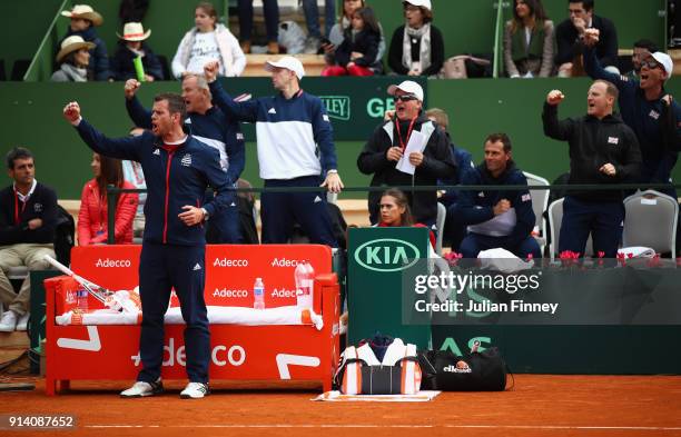 Captain Leon Smith supports Cameron Norrie of Great Britain in his match against Albert Ramos-Vinolas of Spain during day three of the Davis Cup...