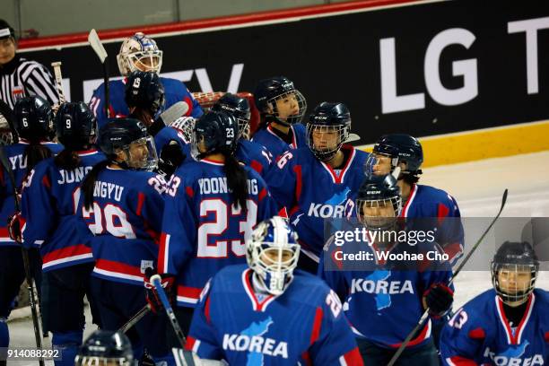 Team Korea before the Women's Ice Hockey friendly match at Seonhak International Ice Rink on February 4, 2018 in Incheon, South Korea. The friendly...