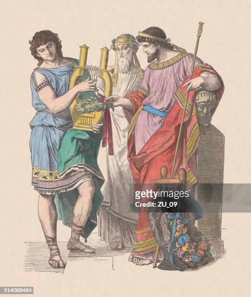 stockillustraties, clipart, cartoons en iconen met oude griekse mode: olympisch kampioen, priester, koning en gepubliceerde c.1880 - jonglieren