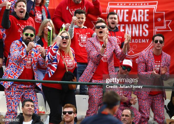 Fans support Cameron Norrie of Great Britain in his match against Albert Ramos-Vinolas of Spain during day three of the Davis Cup World Group first...