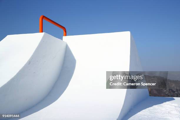 Detail of the Olympic slopestyle course at Phoenix Snow Park on February 4, 2018 in Pyeongchang-gun, South Korea.