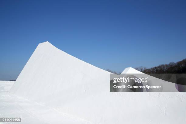 Detail of the Olympic slopestyle course at Phoenix Snow Park on February 4, 2018 in Pyeongchang-gun, South Korea.