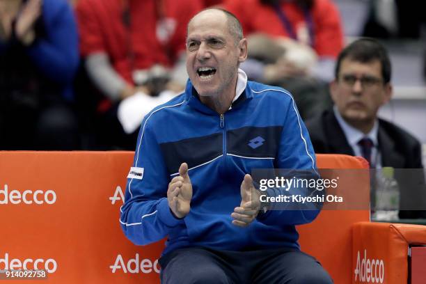 Team captain Corrado Barazzutti of Italy reacts as he watches the singles match between Yuichi Sugita of Japan and Fabio Fognini of Italy during day...