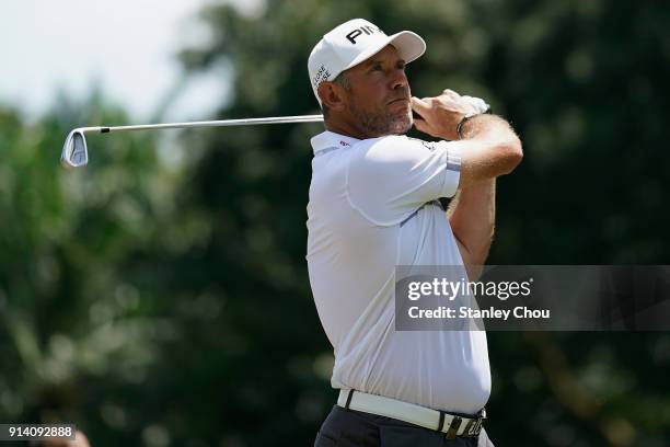 Lee Westwood of England in action during day four of the Maybank Championship Malaysia at Saujana Golf and Country Club on February 4, 2018 in Kuala...