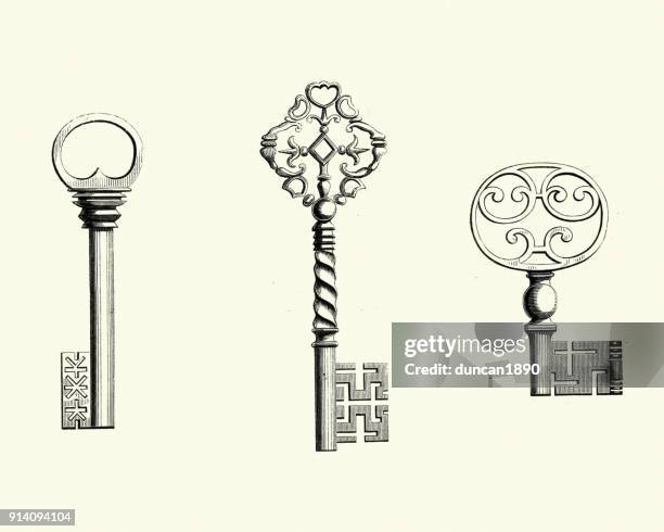 ornate 17th century steel keys - old fashioned key stock illustrations