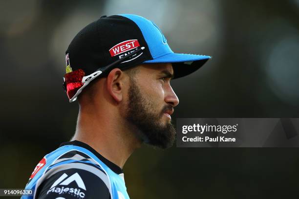 Jake Weatherald of the Strikers looks on while fielding during the Big Bash League Final match between the Adelaide Strikers and the Hobart...