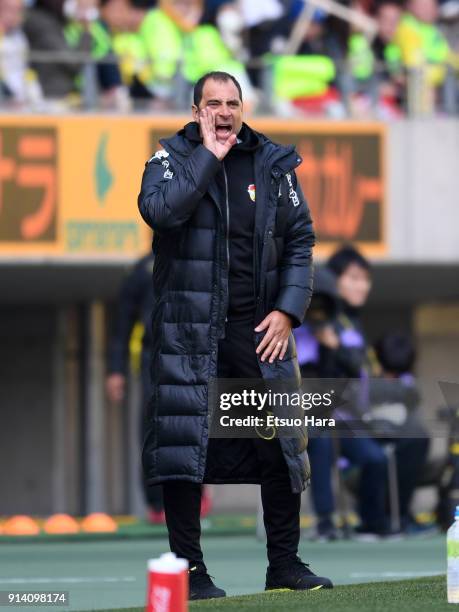 Head coach Juan Esnaider of JEF United Chiba shouts during the preseason friendly match between JEF United Chiba and Kashiwa Reysol at Fukuda Denshi...