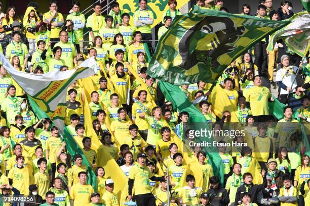 Fans of JEF United Chiba cheer during the preseason friendly match between JEF United Chiba and Kashiwa Reysol at Fukuda Denshi Arena on February 4,...