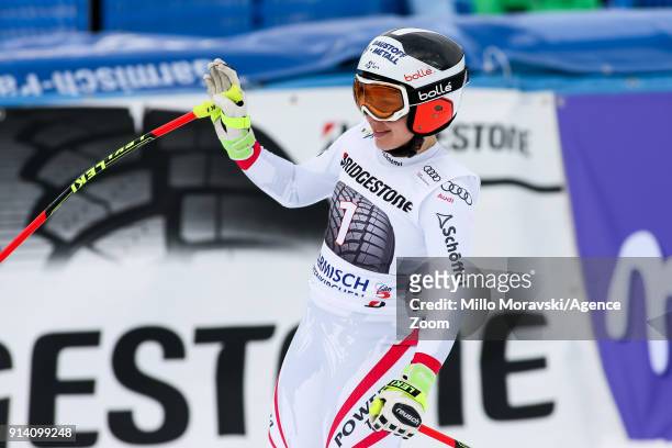 Nicole Schmidhofer of Austria celebrates during the Audi FIS Alpine Ski World Cup Women's Downhill on February 4, 2018 in Garmisch-Partenkirchen,...