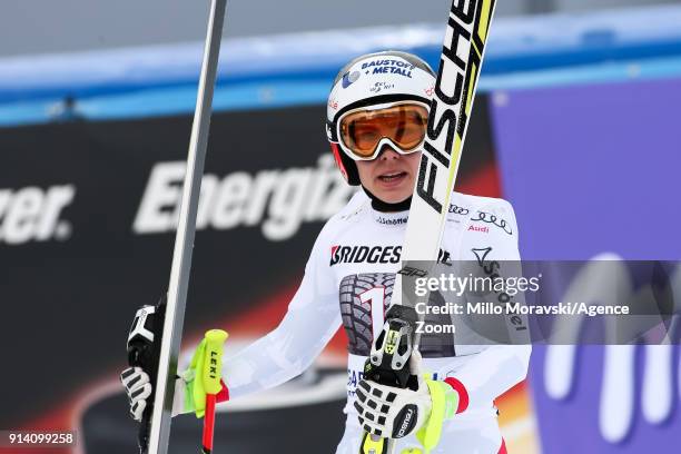 Nicole Schmidhofer of Austria celebrates during the Audi FIS Alpine Ski World Cup Women's Downhill on February 4, 2018 in Garmisch-Partenkirchen,...