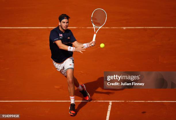 Cameron Norrie of Great Britain in action in his match against Albert Ramos-Vinolas of Spain during day three of the Davis Cup World Group first...