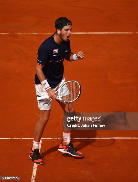 Cameron Norrie of Great Britain celebrates in his match against Albert Ramos-Vinolas of Spain during day three of the Davis Cup World Group first...