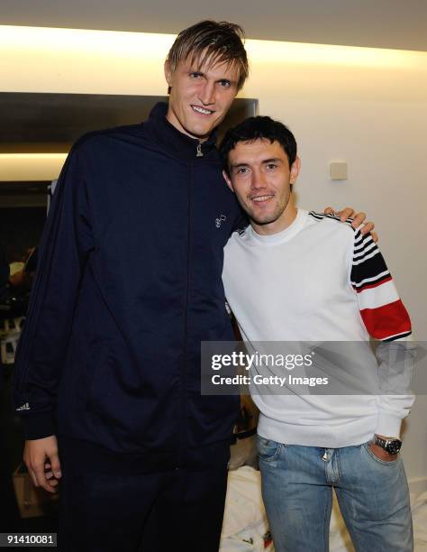 Player Andrei Kirilenko and Yuri Zhirkov of Chelsea after the Barclays Premier League match between Chelsea and Liverpool at Stamford Bridge on...